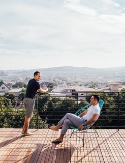 The roof deck has a commanding view. "We have friends out here in the summer and stay too long drinking wine," says Bradley.