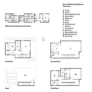 The three units are situated vertically within the structure, each occupying a portion of each floor. All share similar floor plans to Bowie and Malboeuf’s residence: flexible space on the first floor, the main living area and kitchen on the second floor, and bedrooms on the third floor. The garage is located beneath the building.