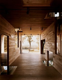 In a narrow residual area between the breezeway and the house's northern elevation, Cohen created a so-called "skinny space," with a changing area accessible to the outdoor shower.