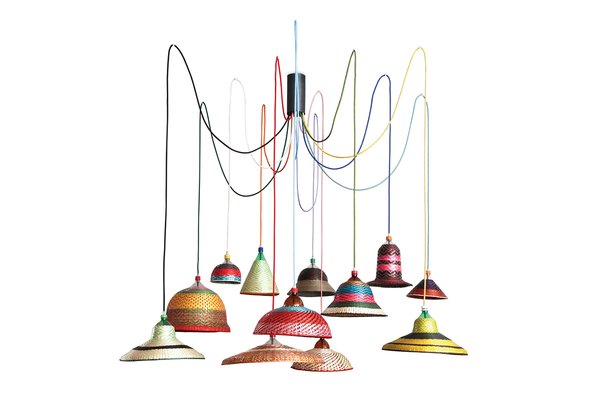 His hanging lights sport textile-like lampshades made from recycled plastic scraps.