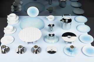 Tea with Georg is a 2013 collaboration that Scholten & Baijings did with revered Danish silversmith Georg Jensen. The collection combines old craft techniques (hand metalwork, fine surface finish) with digital design (gradients and grids applied as pattern on porcelain and etched onto stainless steel).