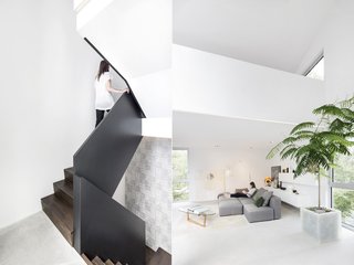  Designed to read like a piece of furniture, this staircase features handsome wood steps and a metal railing. Balaban flipped the traditional hierarchy of the house and placed bedrooms on the ground floor and living spaces on the second story. 