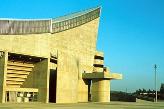 Saddam Hussein Gymnasium in the Le Corbusier-designed Sports Complex in Baghdad, view to main entrance.