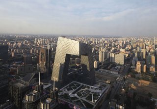 The CCTV building, the headquarters of China Central Television designed by OMA, in earthquake-prone Beijing. Photo by Iwan Baan.