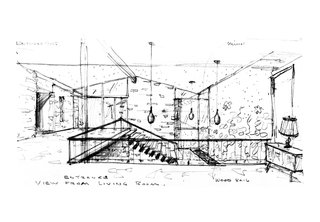 An interior sketch, with pendant lamps, by Ralph Fournier. Image courtesy of Maryville University.