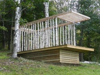 The pavilion is framed with 34 lenghs of timber, each about 8 inches in diameter and cut to a length of 9 feet. Photo courtesy of Moskow Linn Architects.