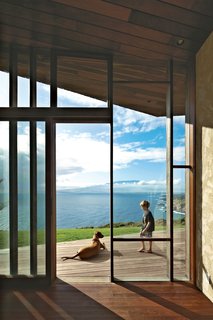 Miha hangs out with Kea, the dog, on the wooden deck that extends the living space outdoors.