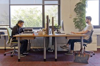 Inside the basecamp office; Ikin was struck by the flexible workspaces in this design, fitting for a company that champions remote working.