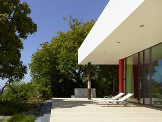 On the sunset side of the Sunrise house, the home's west terrace is shaded by mango trees.