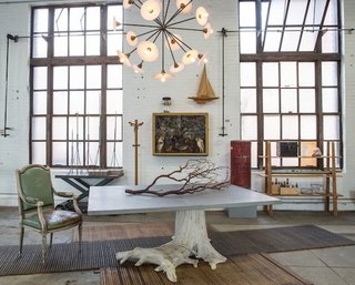 Another gorgeous vignette in the showroom, showcasing some of the designers' custom work alongside found pieces.