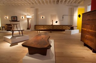 The exhibit includes the Shoki Collection (back left), the ASA-NO-HA Lamp (back wall), and an array of Nakashima originals.