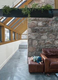 A Woolly Pocket planter hangs on the steel beam above a polished-concrete floor warmed by radiant heat.