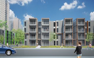 Plans for three-bedroom units designed by Garrison Architects to facilitate families displaced by a man-made or natural disaster. The units will be tested in Brooklyn and designed with environmental and insulation system modifications to fit any urban city in the country.