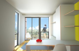To make the design universal, the first thing the architects did was to "make a unit that a wheelchair bound person can use completely. The kitchen, the bath, the bedroom are all accessible, the way the living and kitchen are arranged, a small communal table, built-in storage, and a small terrace to keep the living room open and provide an outdoor extenuation and privacy," says principal James Garrison. "It's better designed and more comfortable than typically in New York!"