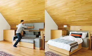 A couch—upholstered by local firm Revive Upholstery & Design—slides out on hidden casters and transforms into a full-size bed (with the headboard doubling as a linen cupboard) where guests can sleep. The dining table tucks under a shelf when it’s not pulled out for meals. There’s even vertical storage for canvases for this Portland couple's teenage daughter.