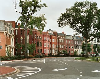 The brick row houses of Logan Circle, at Vermont and Rhode Island Avenues NW, have a style distinct from those in other neighborhoods of the District.