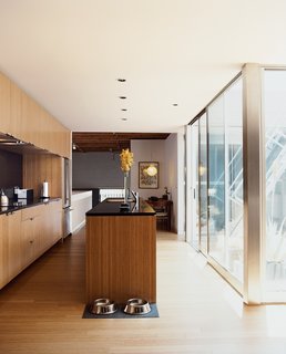 The kitchen, with Richlite counters and upper cabinets that reach to the ceiling, leads to a small dining area illuminated by a Plexiglas "Agave" lamp.