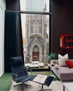 The most dramatic view in the apartment, the First Presbyterian Church looms large in the Kovel living room.
