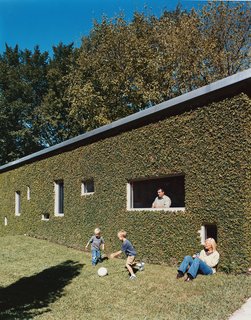 Ivy softens the hard edges of the cinder-block structure.