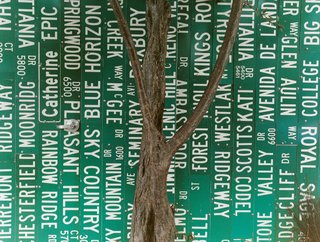 Purchased by the pound from a local salvage yard, street signs from Reno, Nevada, were crafted into a one-of-a-kind fence.