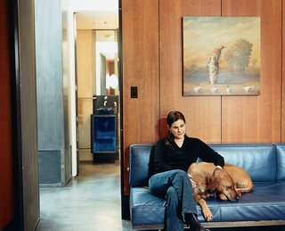 In the study, an oil painting by David Kroll, one of the artists represented by Sette's gallery hangs above a Le Corbusier daybed.