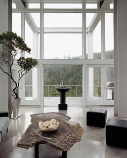 The living room looks out toward the two waterfalls that are also part of the property and the inspiration for its name. Artist Constantin Hapaianu made the coffee table and the stainless steel railings surrounding the staircase.