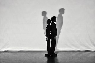 Bil’ak conceived of the dance performance Due a due, in which what appears <br><br>to be a dancer’s shadow is in fact a projection of another dancer.