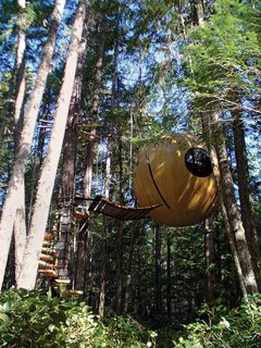 The High Life - Photo 3 of 4 - British Columbia–based Tom Chudleigh designed the Free Spirit Sphere as a have-your-cake-and-eat-it-too tree house that combines the wonder of being airborne with all manner of earthly comforts.<br><br>Handcrafted of wood or fiberglass, this lavish ten-foot-six-inch-diameter sphere is fully wired to accommodate a microwave, space heater, refrigerator, TV, Clapper—whatever. And it’s plumbed for a kitchen sink. Retractable beds sleep up to four people. <br><br>But if the point is to surround one’s self with all mod cons, why not just rent a condo in Barstow? "When you’re up in the trees," Chudleigh says, somewhat evasively, "you really get the sense that you are just floating up there, that you’re in a different world." This sensation is produced by four flexible ropes that connect to the sides of the sphere, allowing it to suspend freely above the ground and move with the whim of the forest breeze or branches, intimately connecting the Free Spirit Sphere occupant with the surroundings. "It’s a really healing place up here." <br><br>Chudleigh has built four spheres so far and is on his way to Australia to build four more. Prices range from $45,000 for the fiberglass to $150,000 for the handcrafted wood sphere. "You think of conventional buildings as having walls, straight lines, color patterns," says Chudleigh. "In these spheres you are completely removed from that: All walls are merged into one, you are in the air, connected to it, detached from everything familiar—it’s a total escape from the conventional world." br><br><br>br><br><br>Photograph by Gregor MacLean.