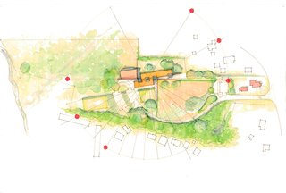 The rendering demonstrates how the orientation of the proposed building maximizes solar energy. The orange dots represent the sun's arc at its highest, middle, and lowest points. South-facing windows combined with rammed-earth and straw-bale construction will help retain solar gains during daylight hours.