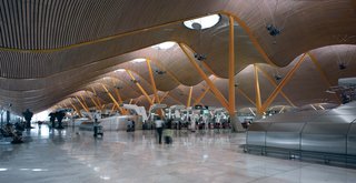 Madrid’s intensely spacious Barajas Airport, completed in 2005, includes a massive sequence of color-coded columns, each vaulting up to the bamboo ceiling from massive plinths.