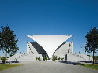 A filigreed membrane structure, designed by Sobek, protected against threatening rain during Pope Benedict XVI’s first official visit to Germany.