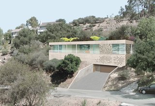 This rendering of the Dwell Home II’s exterior shows the perforated screen that lets air into the house, without the use of a pump, as part of a passive cooling system.