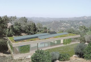 Photovoltaic panels and a green roof will cap the project. They will also work to integrate the house into the natural setting.