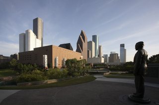 A view of the Houston skyline, with the Wortham Theater Center and the George Bush Monument in the forefront. Image courtesy of the Greater Houston Convention and Visitors Bureau.