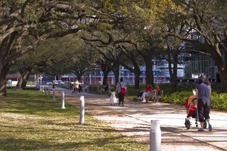 In addition to walking paths, Houston's downtown park Discovery Green offers an array of activities, from free yoga and Pilates classes to concerts and performances to a playground for kids and a man-made pond for steering electric boats. Visit Discovery Green online at discoverygreen.com. Image courtesy of the Greater Houston Convention and Visitors Bureau.