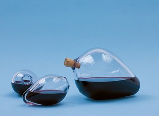 Pyriform glasses and decanter by Andreas Dahlberg<br><br>Andreas Dahlberg based the design of his Pyriform glasses and decanter on the shape of birds' nests made by cliff-dwelling birds who lay their eggs on narrow ledges, which are often conical rather than circular or spherical, Dahlberg writes about his design.<br><br>Photo by Andreas Nyquist