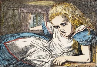 CARROLL: ALICE, 1865. Alice grows out of the room: after the design by Sir John Tenniel for the first edition of Lewis Carroll's "Alice's Adventures in Wonderland".