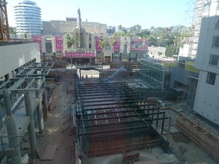 A view of the W Ciné plaza from the third floor. The Hollywood/Vine Metro station is being renovated under black steel girders.