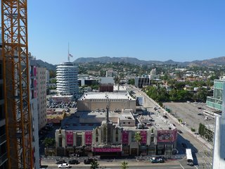 The north view from the 14th-floor unit. Capitol Records is to the left, and the Hollywood sign is at dead center.