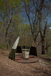 Gimme Shelter - Photo 4 of 9 - Woodland Canopy by FORM Design Collaborative<br><br>This basket-woven teepeelike structure of bamboo and hemp rope is partially covered by a waterproofed hemp canvas and constructed of locally obtained, FSC-certified or reclaimed lumber.<br><br>Photo by Jack Ramsdale. Courtesy of the Schuylkill Center for Environmental Education.