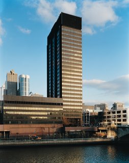 At night the PECO Building’s giant LED screen displays scrolling text messages around the building’s crown.