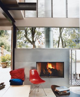 Galvanized steel was used to clad the fireplace.