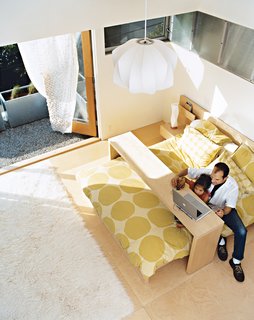 A river breeze flows up and down Fung and Blatt’s canyon street predictably at 4 p.m., cooling the house. In the master bedroom, Blatt and Téa take advantage of the cross-ventilation. The bed is from IKEA; the sheets are a Marimekko reissue from Crate &Barrel.