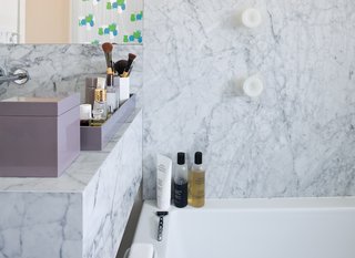 "The initial idea was that everything was carved Carrara," Pulver explains. Sort of like a Roman bath. "Everything would be big, chunky, simple volumes." Ultimately they had to buy, not carve, a sink, a tub, and a toilet.