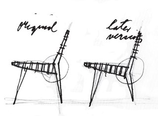 Modifications to an earlier design show that he’s not one to believe his work is beyond improvement: this sketch shows a lower axis point for a leg joist in the latest version of his classic 600 line chair.