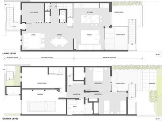 The renovation expanded the square footage of the home from 1,040 square feet to 2,170 square feet. "The biggest change was adding the family room and kitchen to the top floor and making that level all living, public spaces," Willmer says. "We moved the bedrooms down to the lower level and connected them to the garden behind the house."