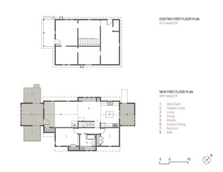 The first floor plan for "Farmhouse Redux" adds two porches and two "bump-outs," or saddlebags, for additional interior space. Image courtesy Chad Everhart Architect.