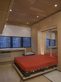 The Murphy bed in its pulled-down state is backed by mirrors from Sergi's Images Mirrors & Glass to help bounce light from the north-facing windows around the apartment. A cabinet hung at the upper left provides more storage.