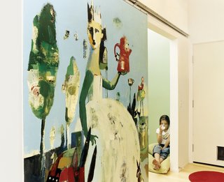 The Lees commissioned local artist Blair Thornley to create a large painting, which Public then mounted on a slider. The painting now functions as a sliding door to close off the TV room when necessary. "Blair coated it in acrylic," architect James Gates explains, "so they don’t have to worry about handprints."