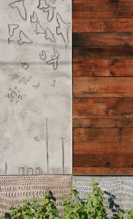 A detail shows where the engraved birds, the original flooring, and two base panels create an interplay of materials. "This project was exciting because architects and artists look at and build objects differently, and this approach created a unique dynamic," says the architect.